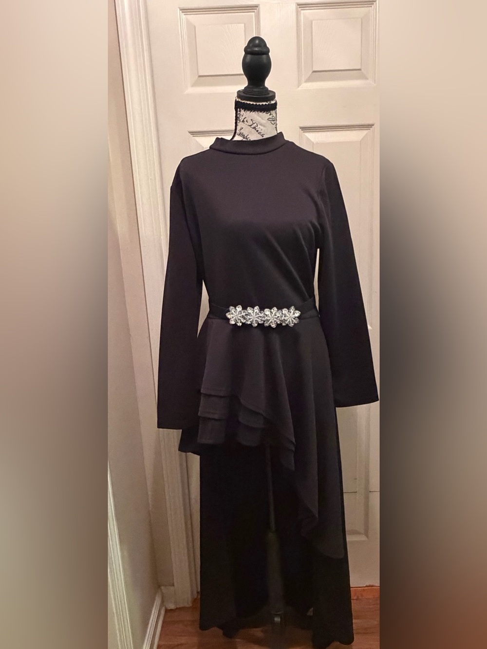 Ruffle High-Low Asymmetrical Long Sleeve Peplum Blouse Dress-Belt Not Included